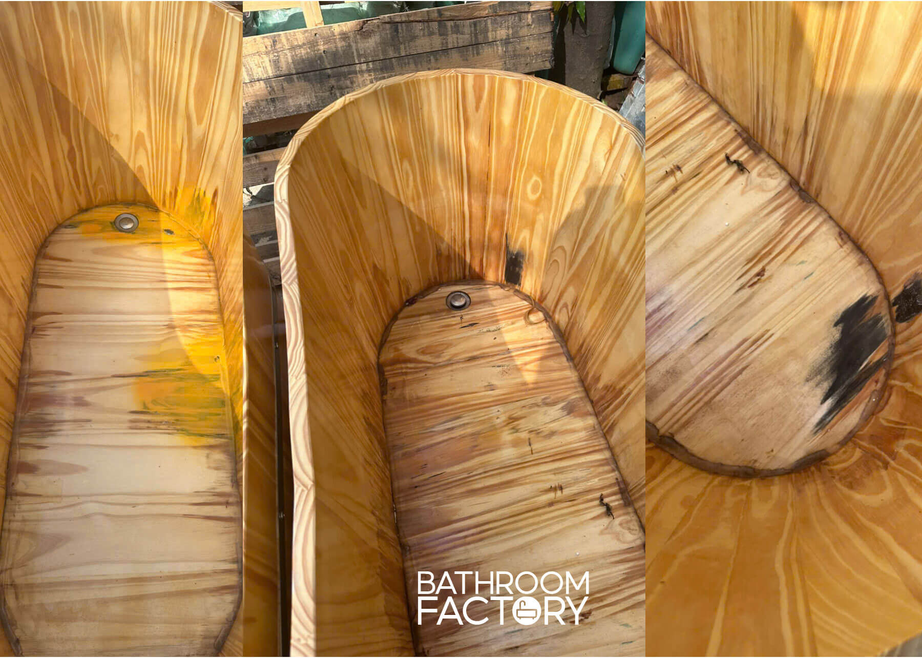 Bồn tắm gỗ bị thâm đen và nấm mốc do ngấm nước lâu ngày